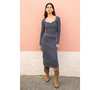 Yumi Women's Blue Ribbed Knitted Midi Skirt | Size: Small Yumi Blue S