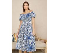 Yumi Blue Ruched Waist Bardot Blossom Tree Print Midi Dress Blue 18