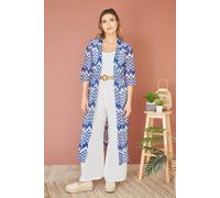 Yumi Women's Blue Zig Zag Crochet Long Knitted Kimono in Navy | Size: 10 Yumi Navy 10