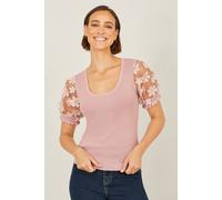 Yumi Women's Blush Knitted Top With Floral Applique in Pink | Size: Small Yumi Pink S