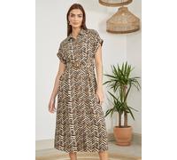 Yumi Brown Abstract Animal Print Relaxed Midi Shirt Dress With Belt Brown 20