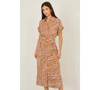 Yumi Women's Brown Abstract Swirl Print Relaxed Midi Shirt Dress With Belt | Size: 22 Yumi Brown 22