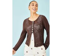 Yumi Brown Flower Crochet Button Up Cardigan Brown L