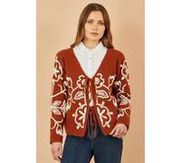 Yumi Brown Folk Embroidered Tie Front Cardigan Brown M