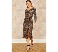 Yumi Brown Velvet Leopard Print Fitted Midi Dress Brown 8