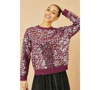 Yumi Women's Burgundy All Over Sequin Relaxed Fit Jumper | Size: Medium/Large Yumi Burgundy M/L