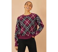 Yumi Women's Burgundy Argyle Check Relaxed Jumper | Size: Medium/Large Yumi Burgundy M/L