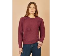 Yumi Women's Burgundy Knitted Jumper With Crochet Flowers | Size: Large Yumi Burgundy L