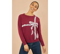 Yumi Women's Burgundy Sequin Bow Knitted Jumper | Size: Large Yumi Burgundy L