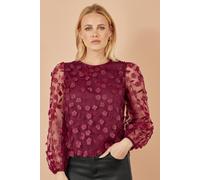 Yumi Burgundy Sheer Sleeve Applique Flower Top Burgundy 12