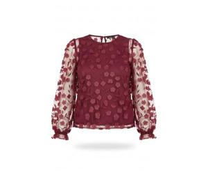 Yumi Burgundy Sheer Sleeve Applique Flower Top (UK, Numeric, 8, 10, Regular, Regular, Burgundy)