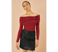 Yumi Women's Burgundy Sparkle Bardot Jumper With Diamante Detail | Size: Small Yumi Burgundy S