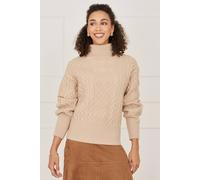 Yumi Women's Cable Knit Roll Neck Jumper in Beige | Size: Small