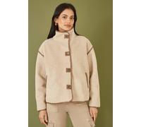 Cream Borg High Neck Jacket With Faux Leather Trims Yumi Cream 16