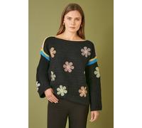 Yumi Cream Crochet Flower Jumper In Black Black S