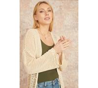 Yumi Women's Cream Crochet Long Line Cardigan With Ties Front in Beige | Size: S/M Yumi Beige S/M