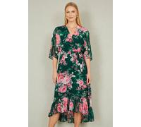 Yumi Women's Dark Green Kimono Sleeves Midi Dip Hem Wrap Midi Dress | Size: 12 Yumi Green 12