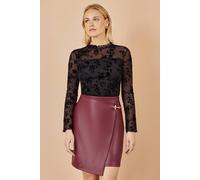 Yumi Women's Flocked Floral Stretch Mesh Top With Long Sleeves In Black | Size: 8