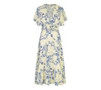 Yumi Floral Print Wrap Midi Dress, Blue and White, Kimono Sleeves, 100% Viscose (UK, Numeric, 10, Regular, Regular, White)