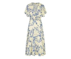 Yumi Floral Print Wrap Midi Dress, Blue and White, Kimono Sleeves, 100% Viscose (UK, Numeric, 10, Regular, Regular, White)
