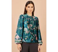 Yumi Women's Floral Velvet Blouse With Tie Neckline in Green | Size: 8 Yumi Green 8