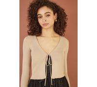 Yumi Gold Metallic Knitted Ribbed Tie Front Bolero Gold S