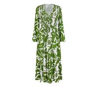 Yumi Green Abstract Print Ruched Midi Dress with Long Sleeves (UK, Numeric, 8, Regular, Regular, Green)