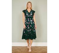 Yumi Women's Green All Over Floral Embroidery Midi Skater Dress | Size: 14 Yumi Green 14