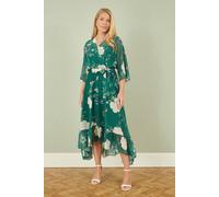 Yumi Green Bird and Floral Print Midi Wrap Dress (UK, Numeric, 16, Regular, Regular, Green)