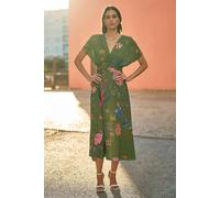 Yumi Green Bird and Floral Print Ruched Waist Kimono Midi Dress (UK, Numeric, 10, Regular, Regular, Green)