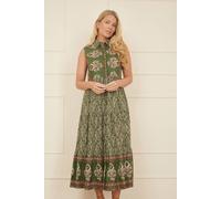 Yumi Green Cotton Paisley Midi Sleeveless Shirt Dress Green 12