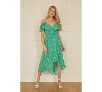 Yumi Women's Green Ditsy Print Bardot Midi Dress With Dip Hem | Size: 16 Yumi Green 16