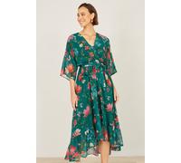 Yumi Women's Green Floral Kimono Wrap Dress With Dip Hem | Size: 14 Yumi Green 14