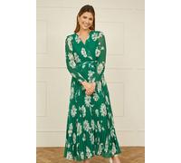 Green Floral Pleated Midi Wrap Long Sleeve Dress Yumi Green 8