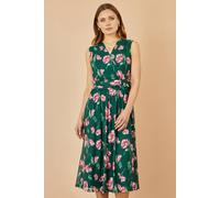 Yumi Green Floral Print Mesh Stretch Midi Dress With Pockets Green