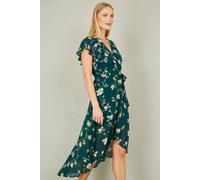 Yumi Green Floral Wrap Midi Dress with Frill Hem (UK, Numeric, 24, Regular, Regular, Green)