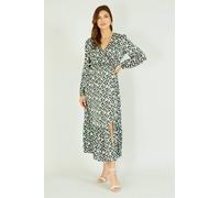 Yumi Green Geo Print Satin Wrap Midi Dress Green 12