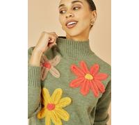 Yumi Green Knitted High Neck Jumper With Applique Flowers Green S
