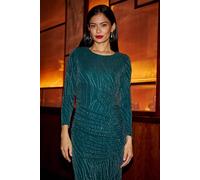 Yumi Green Mesh Fitted Ruched Midi Dress With Long Sleeves Green 16