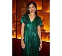 Yumi Green Metallic Ruched Midi Dress Green 10