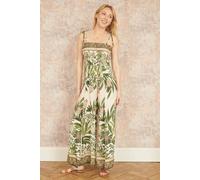 Yumi Green Palm Print Strappy Viscose Jumpsuit Green
