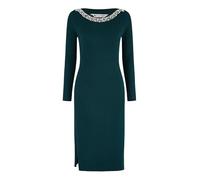 Yumi Green Pearl Neckline Fitted Midi Knitted Dress (UK, Alpha, S, Regular, Regular, Green)