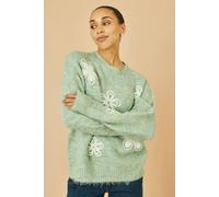 Yumi Green Relaxed Knitted Jumper With Crochet Flowers In Light Green Light Green S