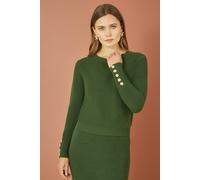 Yumi Women's Green Rib Knitted Jumper With Sleeve Button Detail | Size: Medium Yumi Green M
