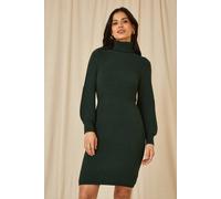 Yumi Women's Green Roll Neck Knitted Dress With Fitted Waist | Size: Large Yumi Green L