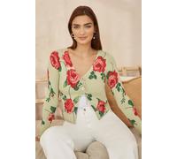 Yumi Green Rose Print Cardigan with Tie Front (UK, Alpha, M, Regular, Regular, Green)