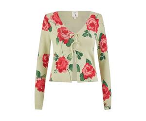 Yumi Green Rose Print Cardigan with Tie Front (UK, Alpha, M, Regular, Regular, Green)