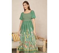 Green Ruched Leaf Print Maxi Dress With Puff Sleeves Yumi Green 14