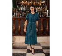 Green Satin Striped Midi Dress With Pleats and Matching Belt Yumi Green 16