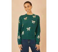 Yumi Green Sequin All Over Applique Bow Knitted Jumper Green M